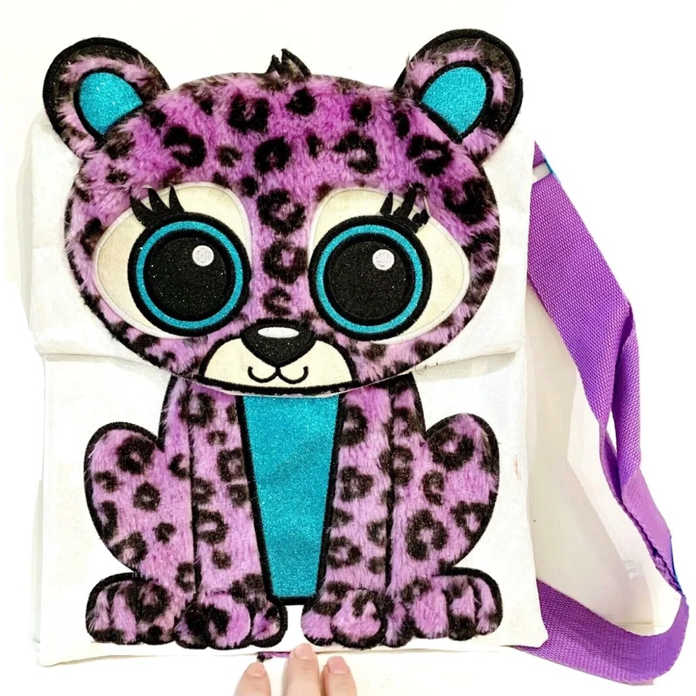 Justice Girls Bag Backpack Purple Blue Cat Cheetah Sparkly Furry Iridescent Cute